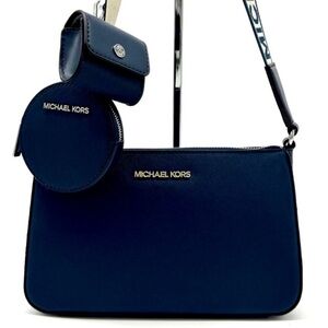 Michael Kors Small Leather Crossbody Bag w Case for Apple Airpods Pro® Navy